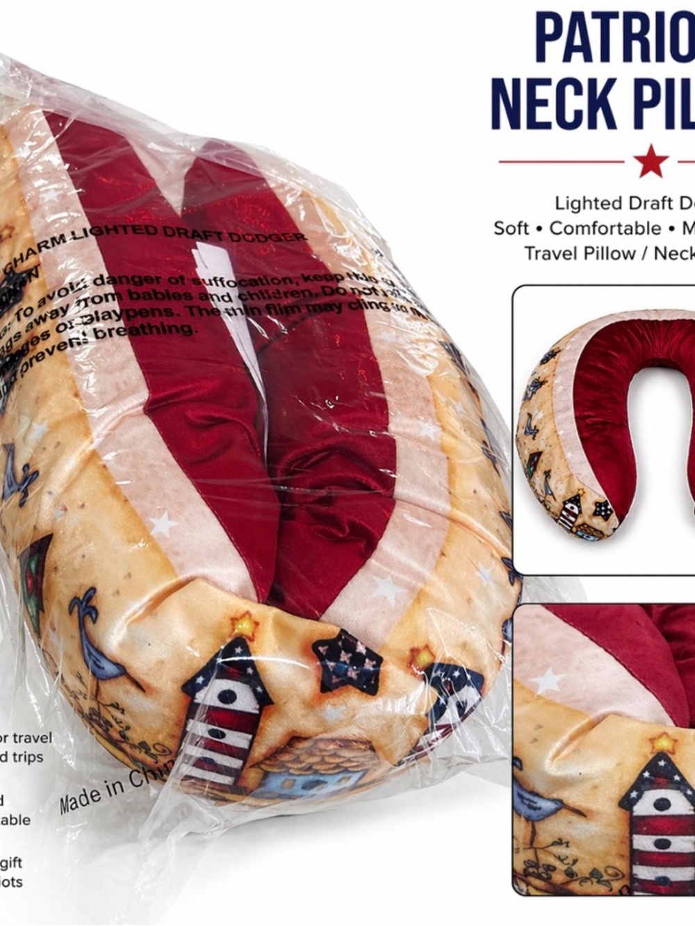 Patriotic Neck Pillow - Red and Beige Travel Support